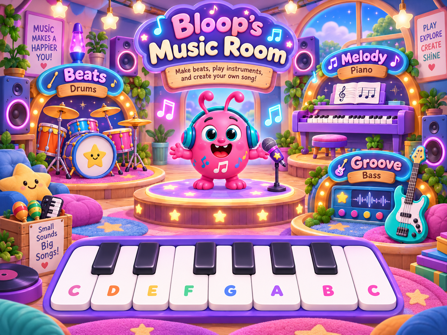 Bloop in her colorful music room with drums, piano, bass, and a big keyboard