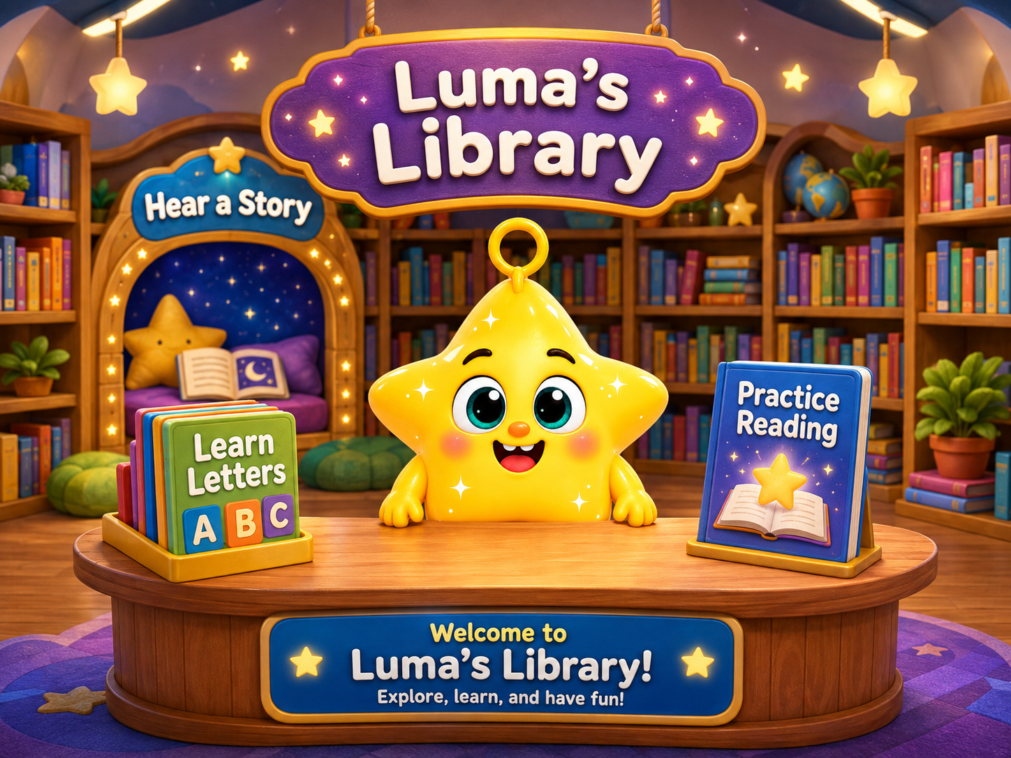 Luma at a library desk with Learn Letters books, a Hear a Story nook, and a Practice Reading book